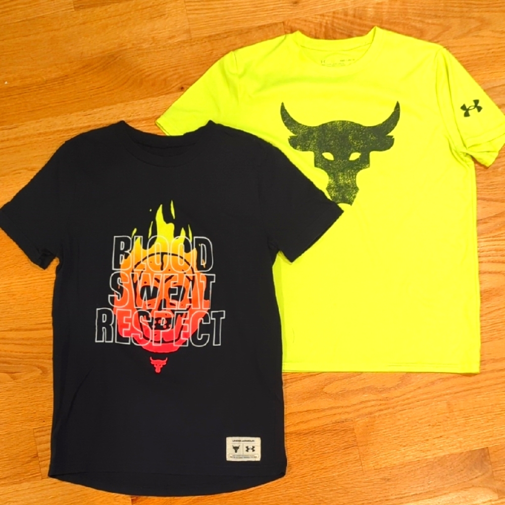 Under Armour The Rock Heatgear Youth Medium Black and Neon Yellow Graphic Tees